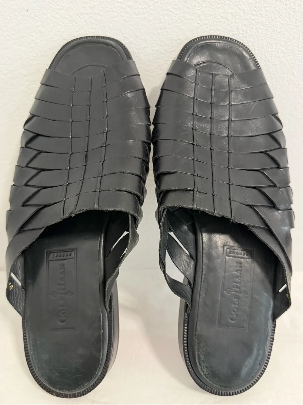 Cole Haan Resort Sandals Men's 11 D Black Leather Woven Slip On made in India